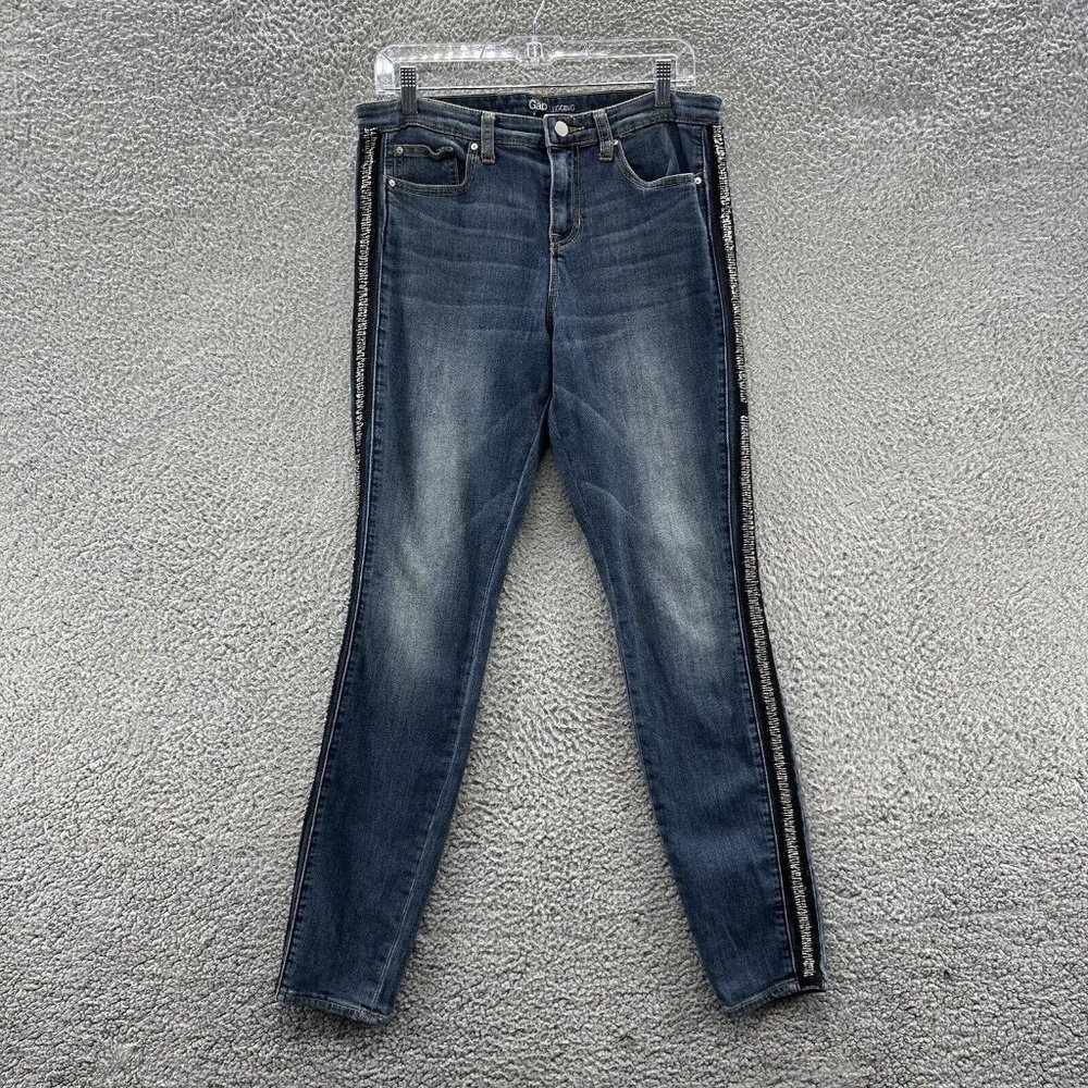 Gap Jeans Women's 10 Blue Mid Rise Beaded Leg Stripes Jeggings Ladies Size 10